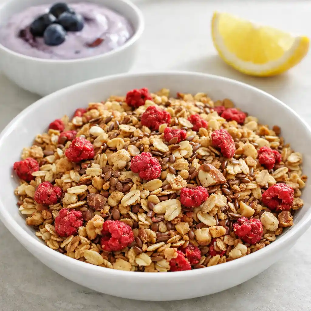 göra egen granola i plåt med havregryn, nötter och hallon, nyrostad och knaprig.