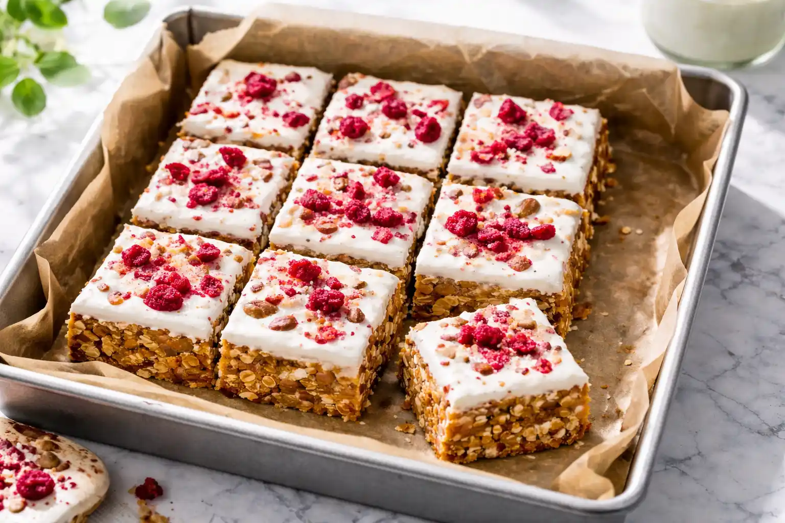 granola bars med hallon och yoghurttäcke skurna i rektanglar på bakplåtspapper