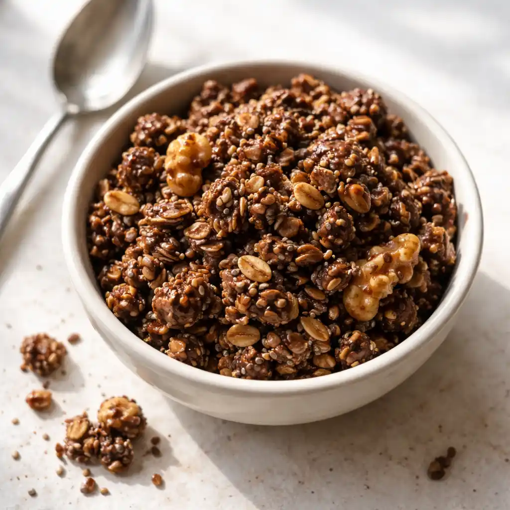 granola kakao i skål med yoghurt och bär, krispig och mörkrostad med nötter och frön.