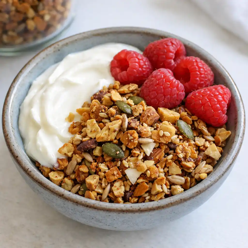 granola lchf i glasburk med synliga nötter och frön, krispig och gyllene från ugnen.