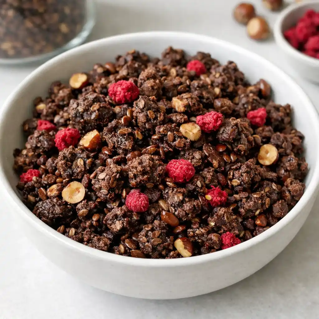 Granola med choklad serverad i skål med yoghurt och bär, krispig och mörk av kakao.