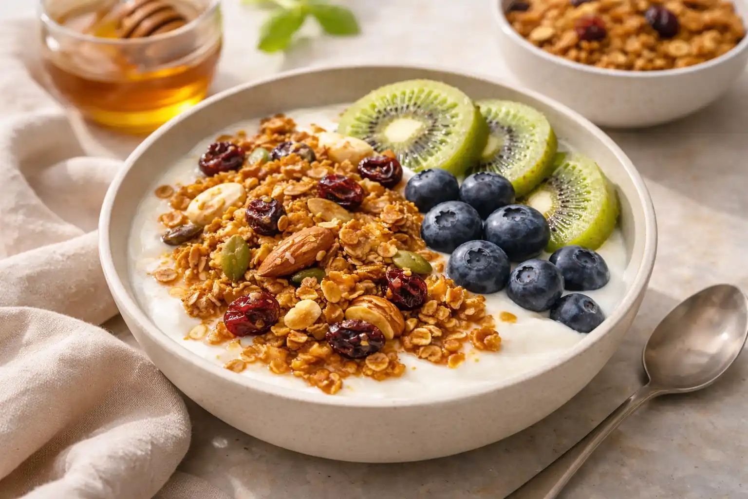 granola recept honung i skål med yoghurt och bär, krispig och gyllene med nötter och frön