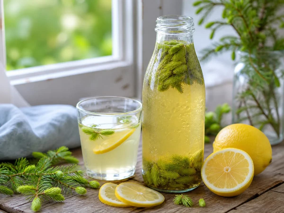 Kall granskottsdricka med citron och färska granskott i glas och flaska