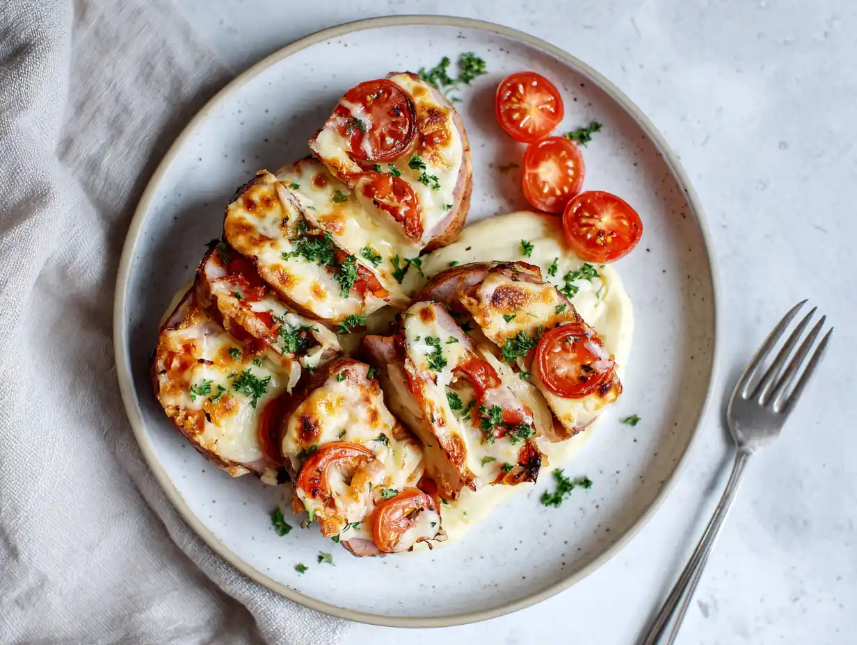 gratinerad falukorv i ugn med smält ost, tomat och senap serverad varm på vit tallrik.