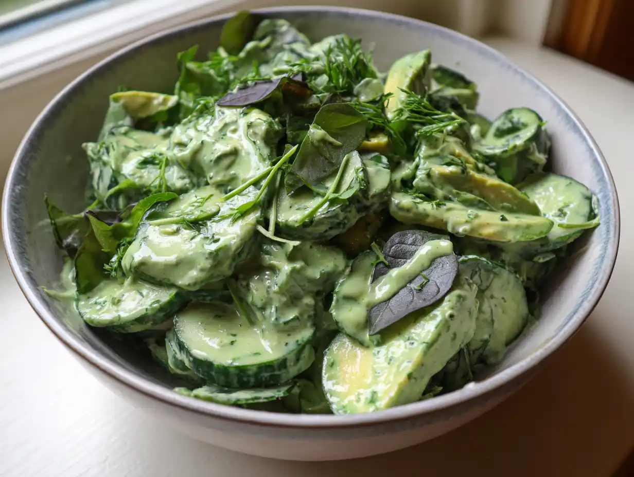 Green goddess sallad i skål med knaprig kål, grön dressing, gurka och sesamfrön, naturligt ljus