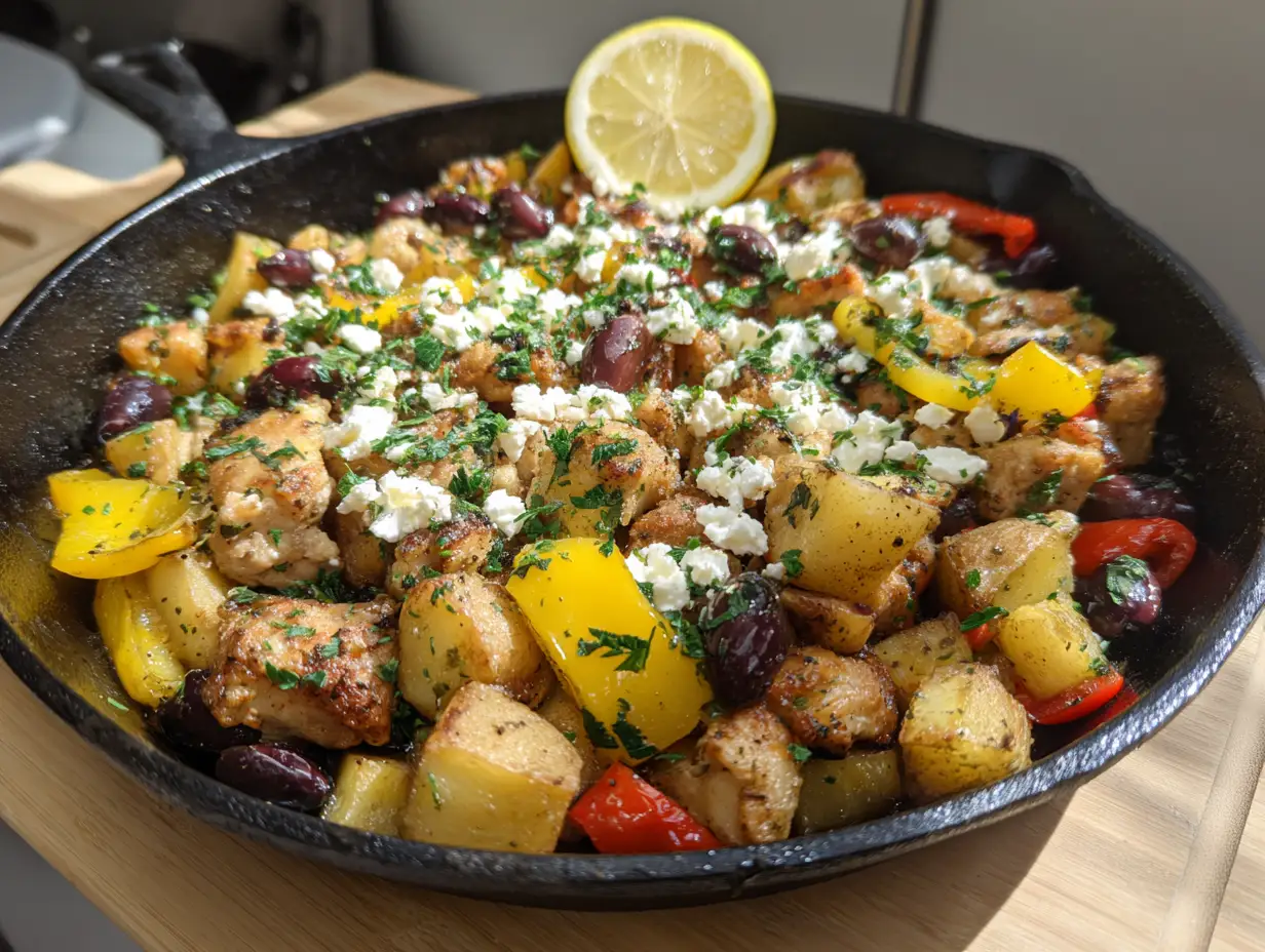 grekisk pytt i panna kyckling i stekjärn med fetaost, kalamataoliver, paprika och potatis i dagsljus