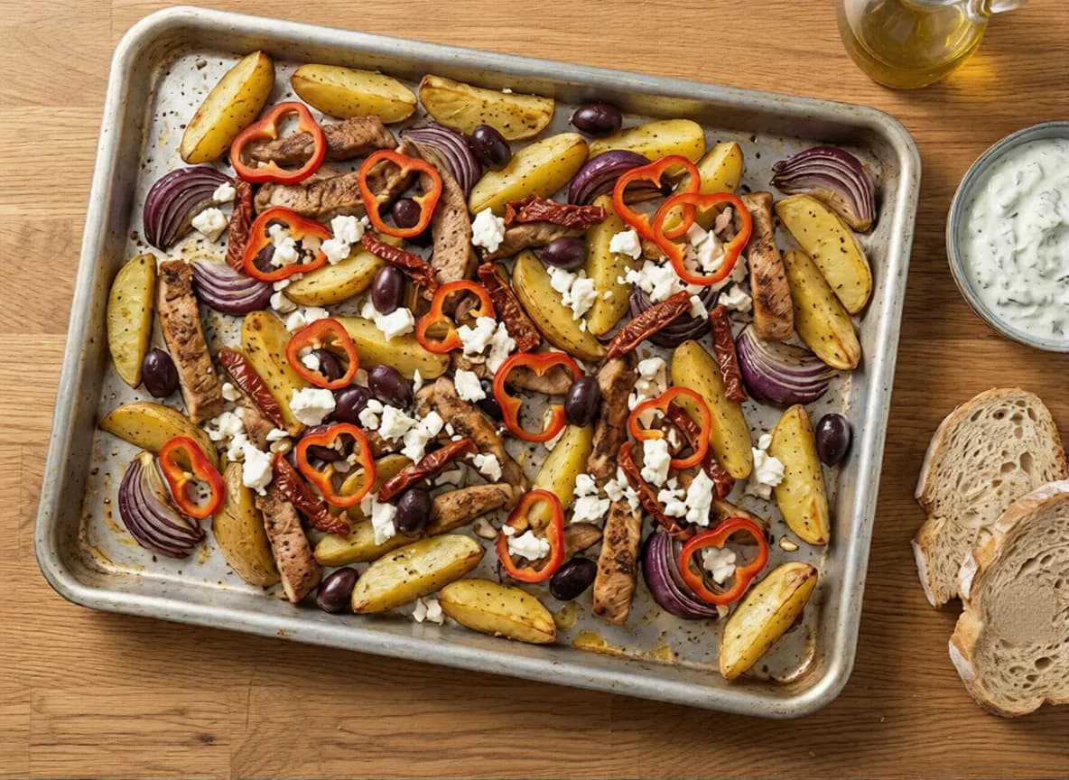 Grekisk pyttipanna på plåt med fläskfilé, rostad potatis, fetaost och oliver.