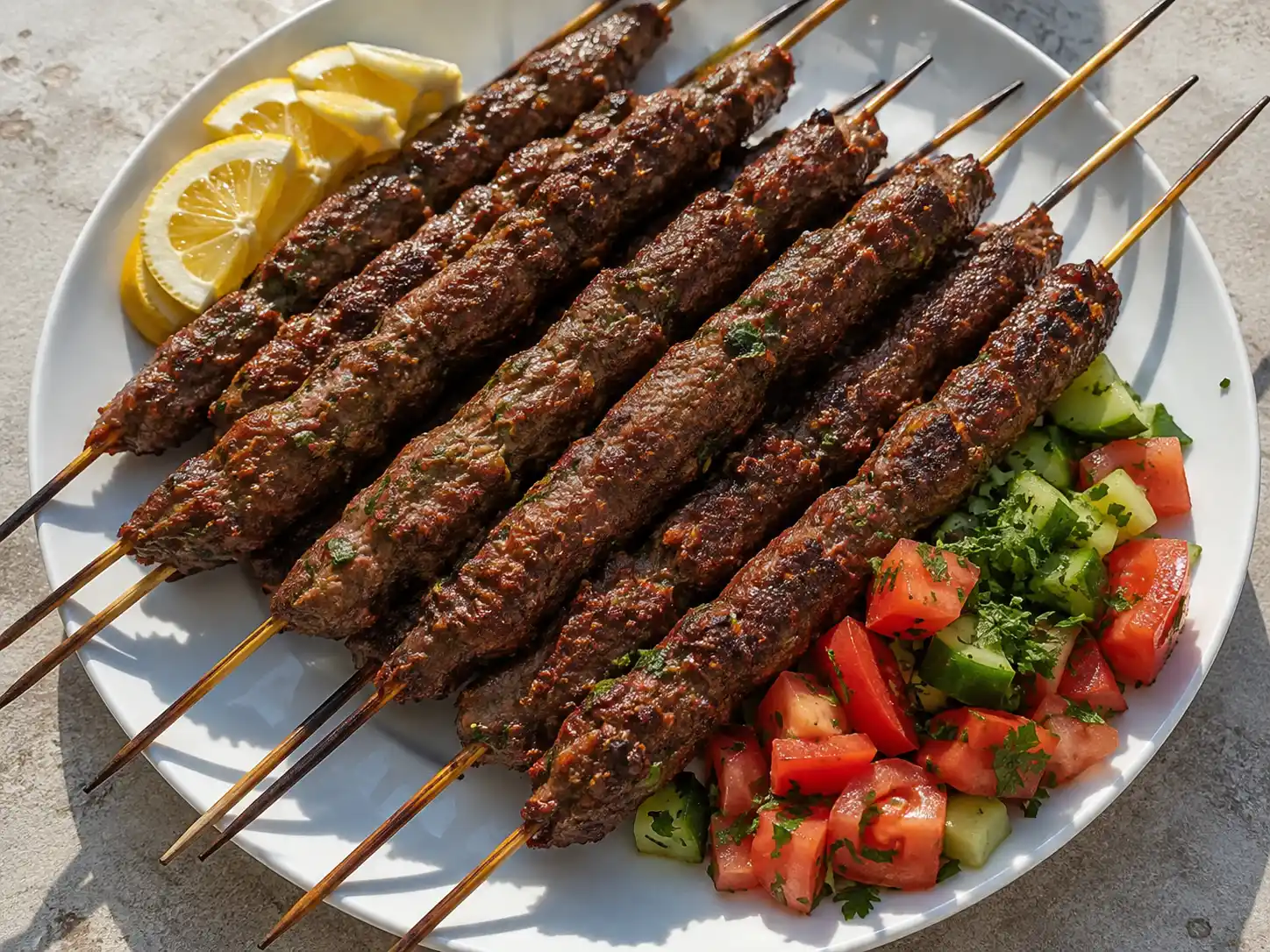 grilla köttfärs på spett med saftiga färsspett, tydlig grillyta, persilja och citron på ett enkelt fat