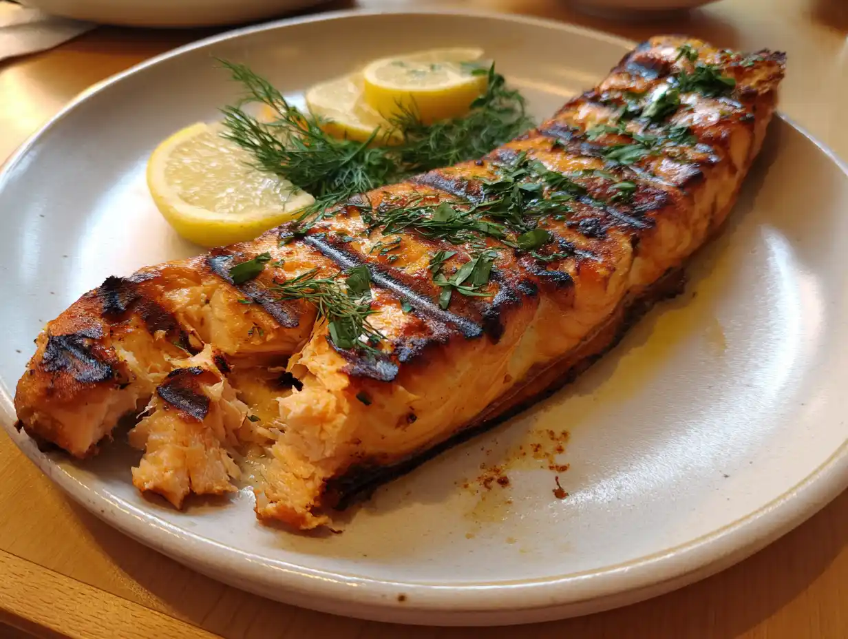 Grilla lax på galler med tydliga grillmärken, citronskivor och örter bredvid, naturligt utomhusljus