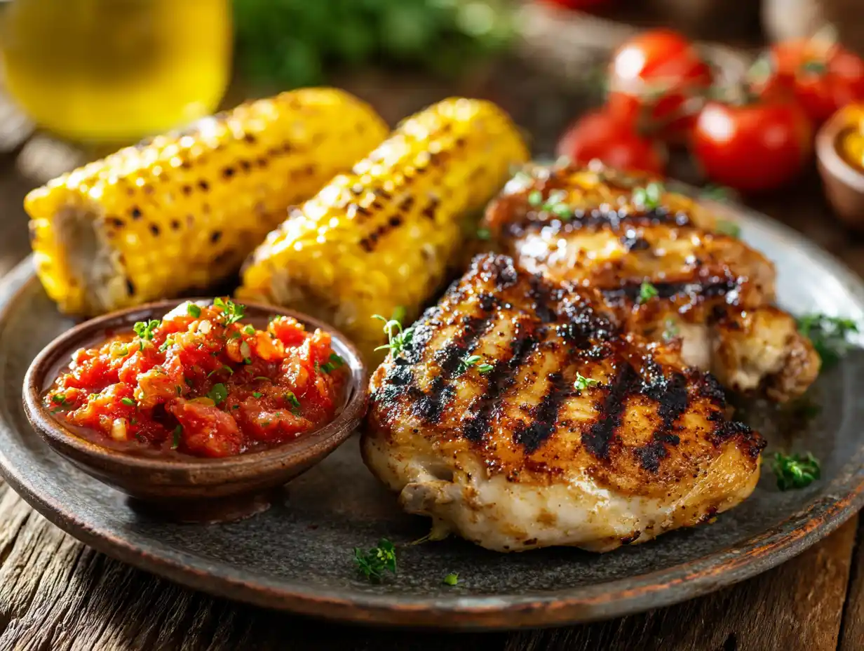 Grillad kycklinglårfilé med rostad tomatsalsa och grillad majs på fat.