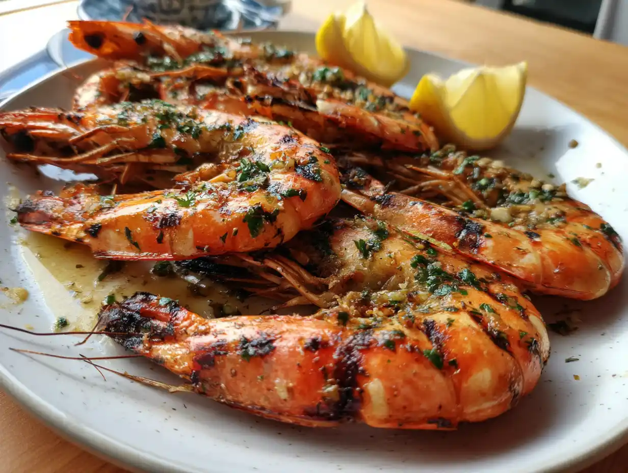 Grillade räkor på träspett med grillmärken, vitlökssmör och citron på planka, naturligt ljus