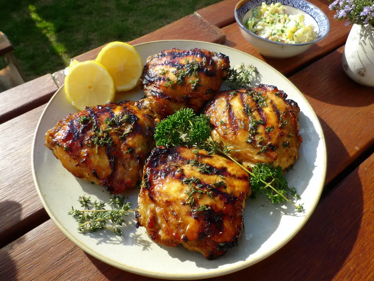 grillmarinad kyckling på grillen med grillfärgade ränder, citronskivor och färsk örter i dagsljus utomhus