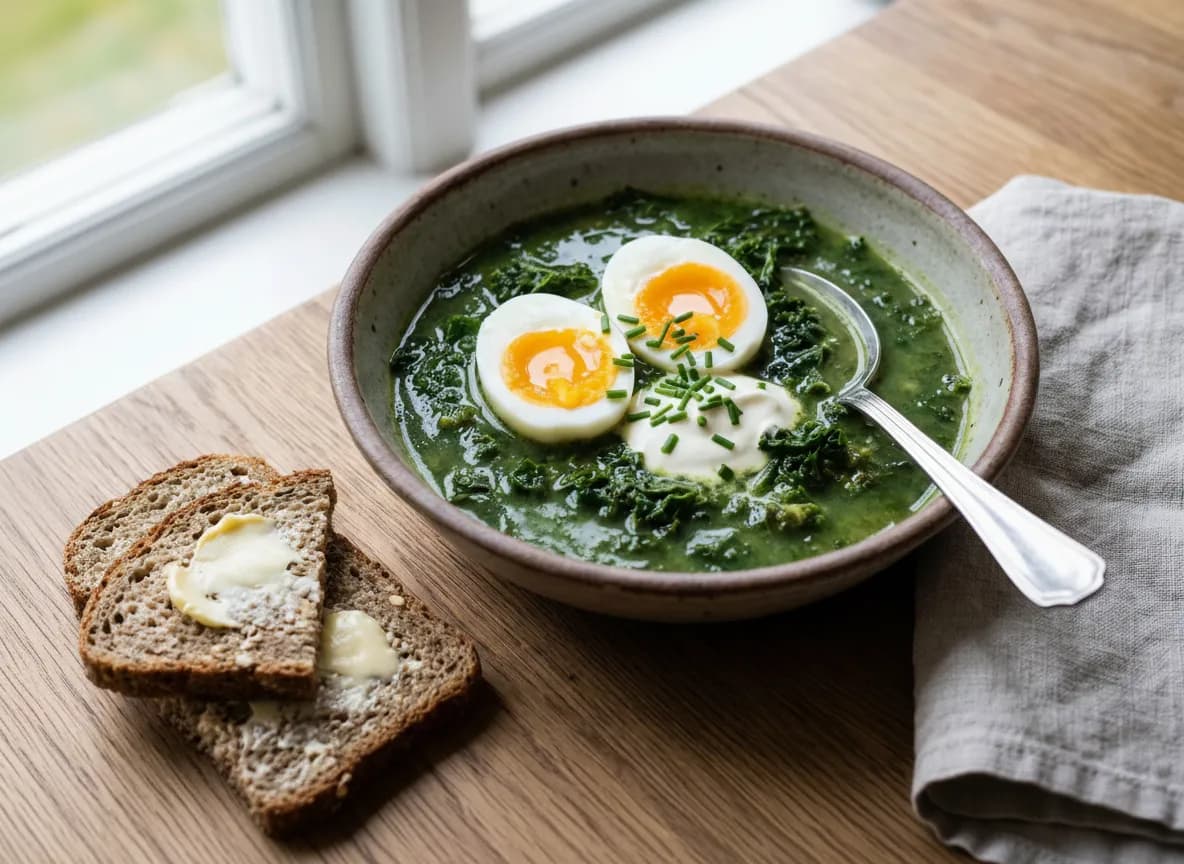 En krämig grönkålssoppa serverad i en djup vit tallrik med kokta ägghalvor och färsk gräslök på toppen.