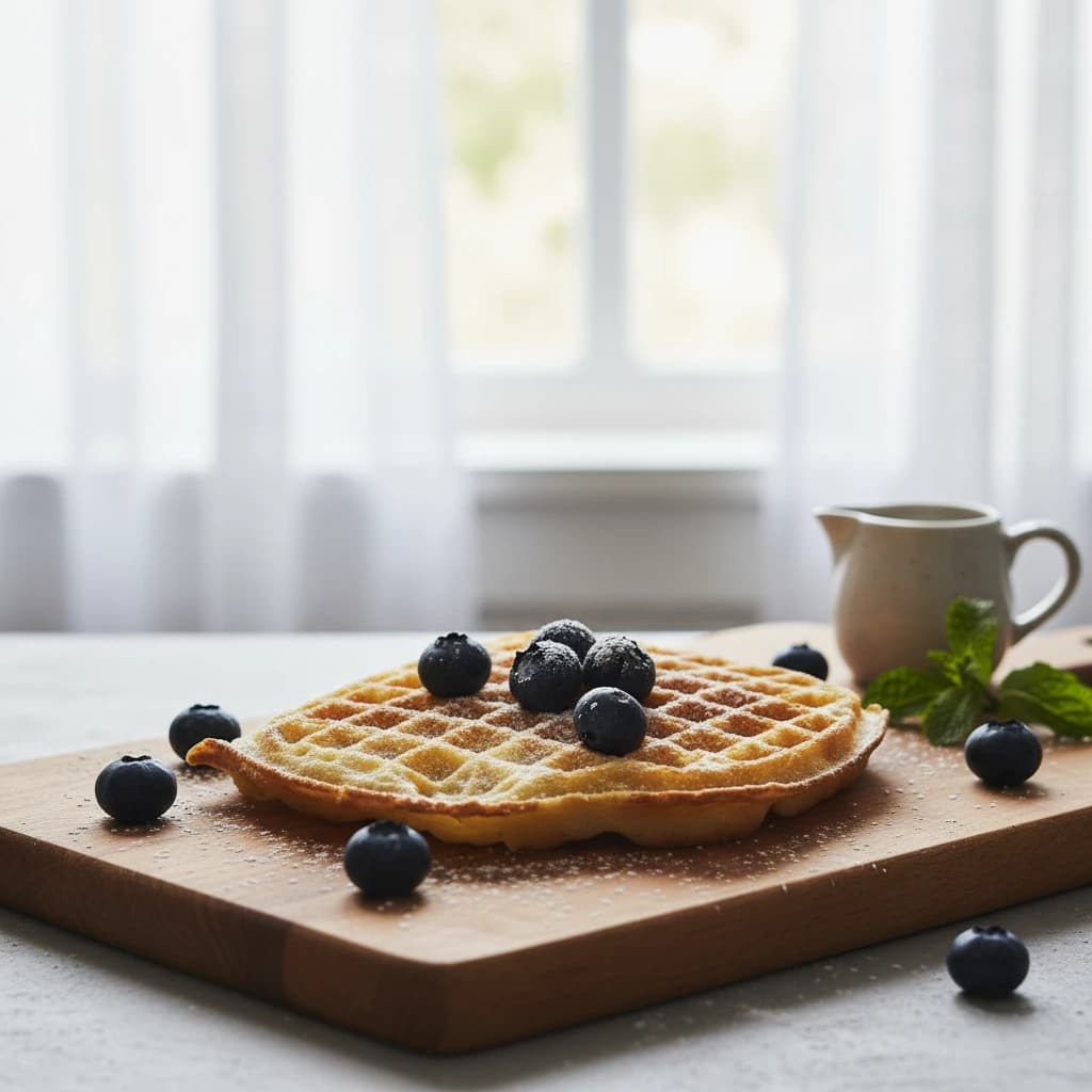 Grundrecept frasvåfflor med sylt och grädde på tallrik