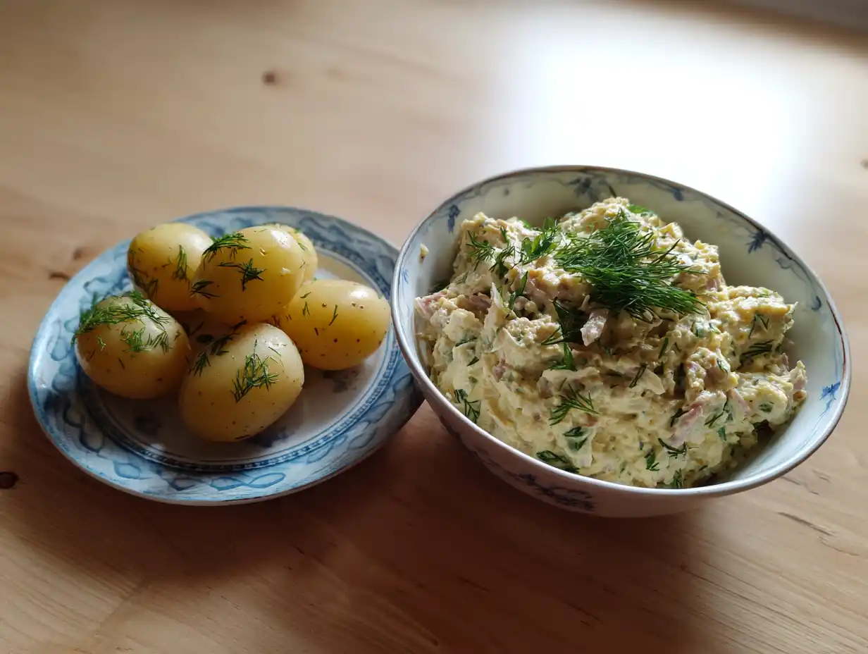Gubbröra med potatis i skål med potatisbitar, hackad ägg och ansjovis, gräslök på toppen