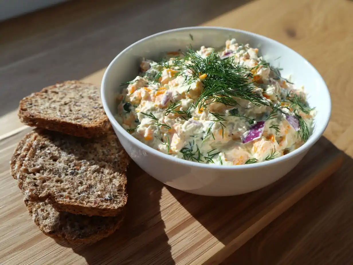 Gubbröra recept matjessill i vit skål, hackad sill och ägg, gräslök och rödlök synligt, naturligt ljus