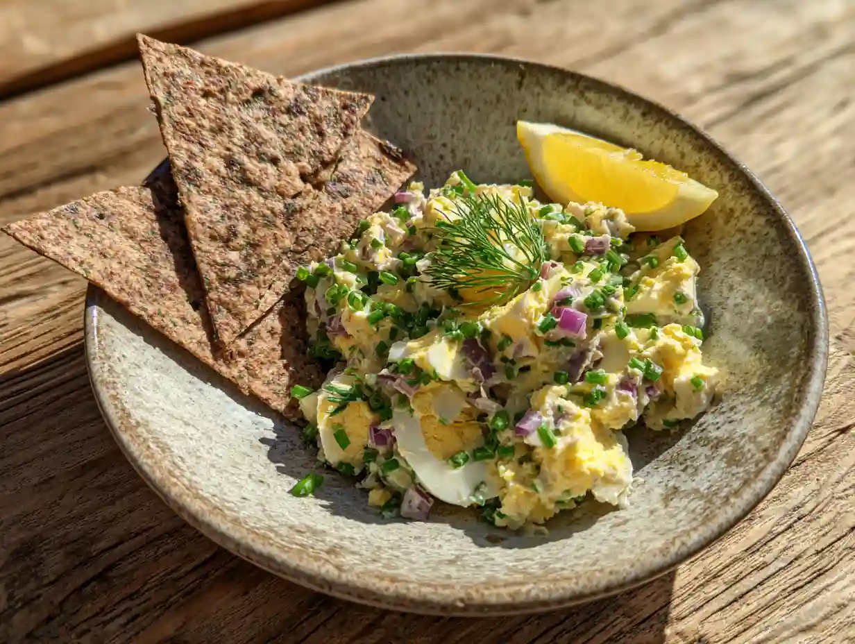 Gubbröra i en skål med hackade ägg, ansjovisremsor, rödlök och gräslök, serverad på knäckebröd med citron vid sidan