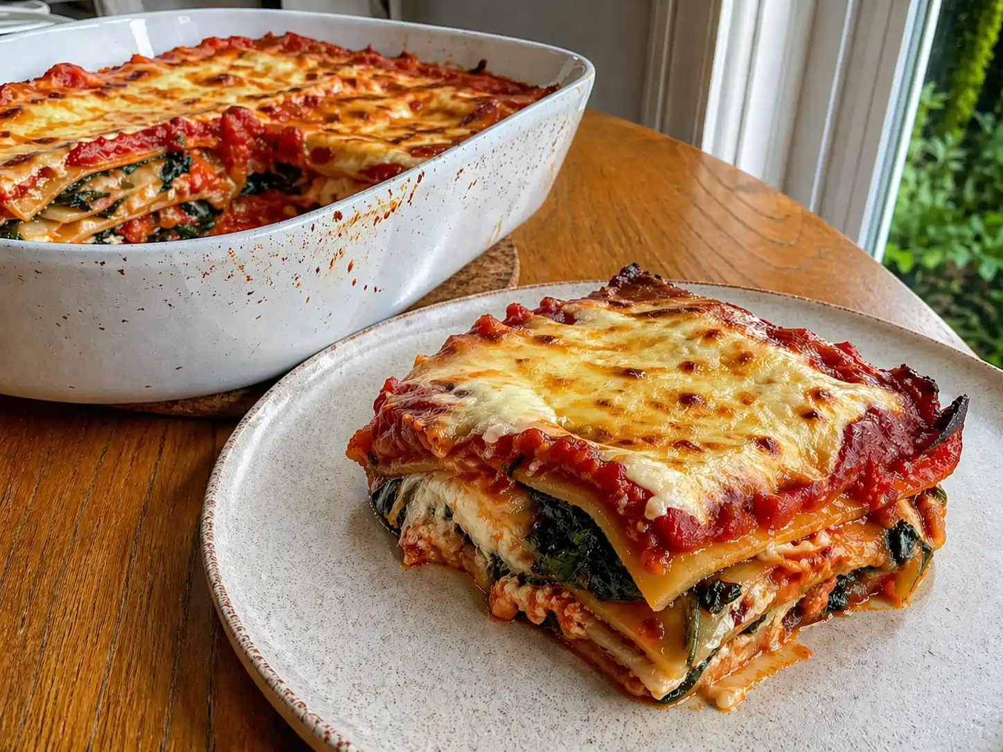 halloumilasagne i ugnsform med gyllene ost, tomatsås, spenat och krämiga pastalager