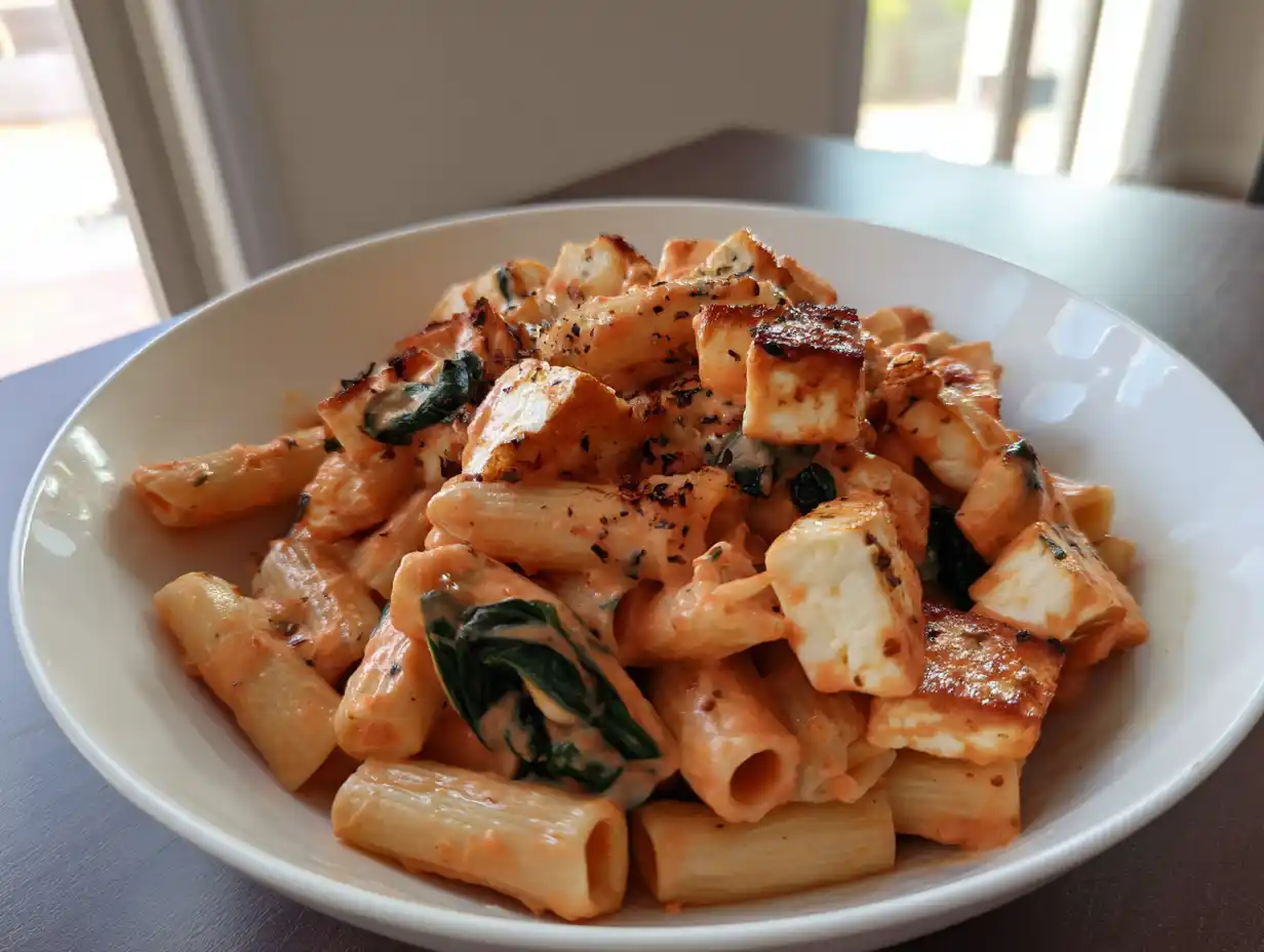 halloumi pasta i djup tallrik med gyllene halloumi, krämig tomatsås, spenat och riven parmesan på toppen.
