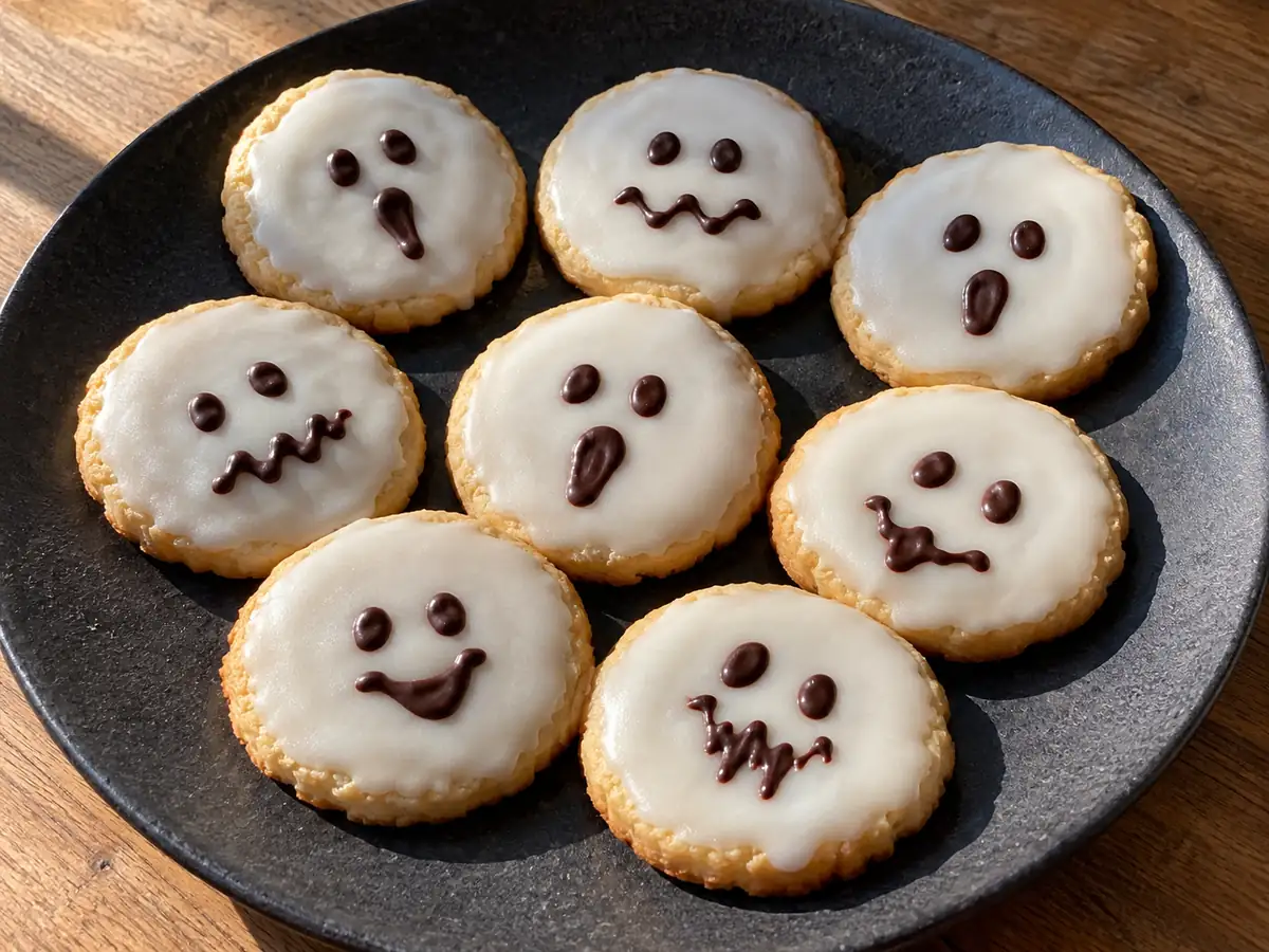 halloween kakor med tunna vita glasyrlock och mörka chokladansikten, gyllene kakkanter syns på fatet