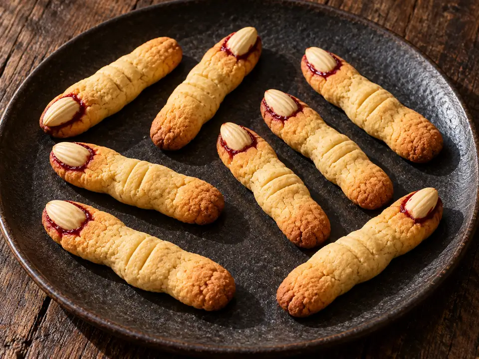 Spröda häxfingrar på ett mörkt fat, var och en med en mandelnagel i ena änden och jordgubbssylt runt nageln