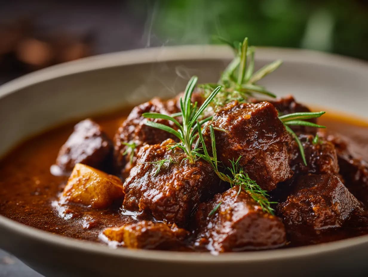 Mustig långkokt gryta på högrev serverad i en rustik gryta.