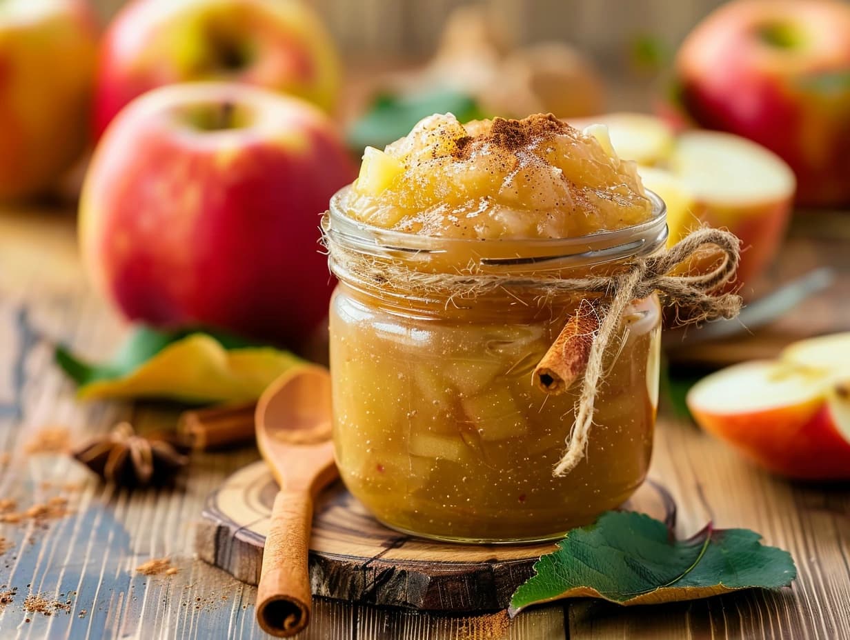 En glasburk fylld med hemgjort äppelmos med kanel stående på en kökshandduk bredvid färska röda äpplen.