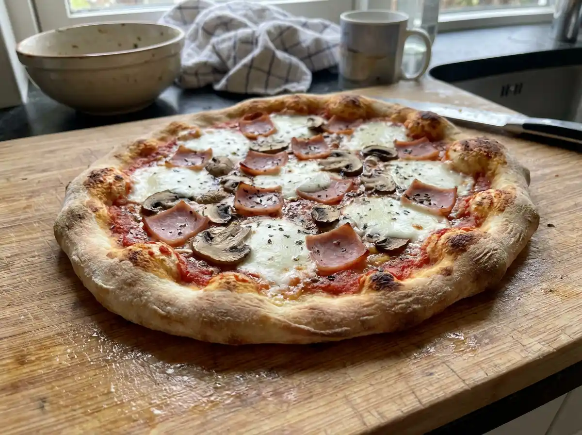 hemmagjord pizza med tunn botten, tomatsås, mozzarella, champinjoner och skinka, gräddad tills osten bubblar