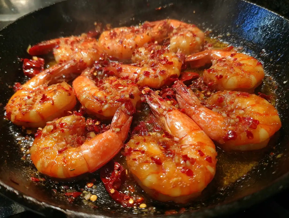 Heta räkor i stekpanna med röd chili, vitlök och smörbubbla, hackad persilja ovanpå