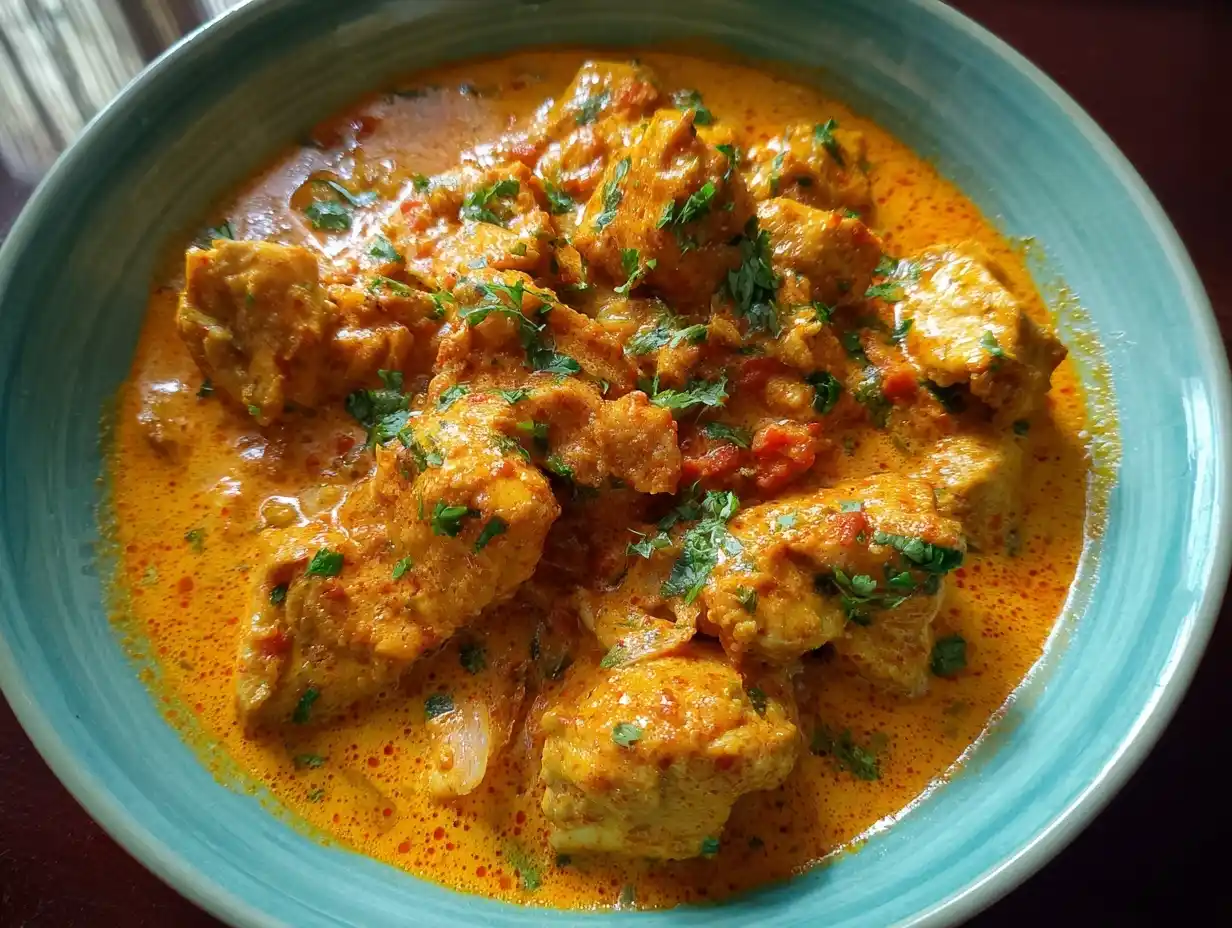 Indisk kyckling i krämig tomatsås med synliga kryddor, kycklingbitar och färsk koriander i skål.