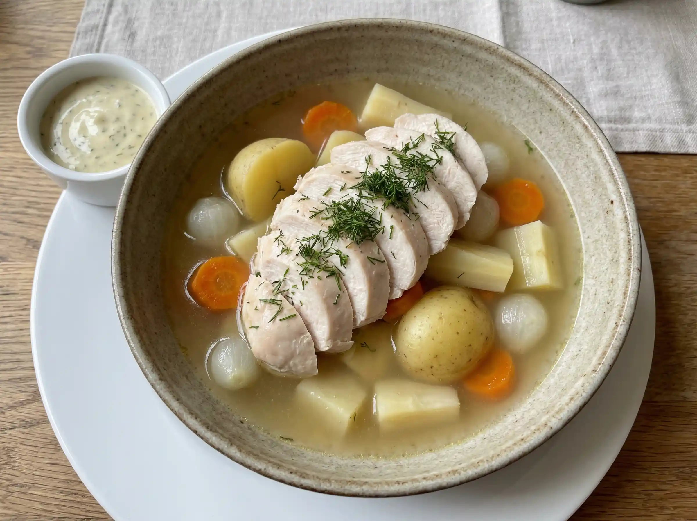 innertemperatur kycklingfile serverad i djup tallrik med skivad kyckling, kokta rotfrukter, klar buljong och dillkräm vid sidan.