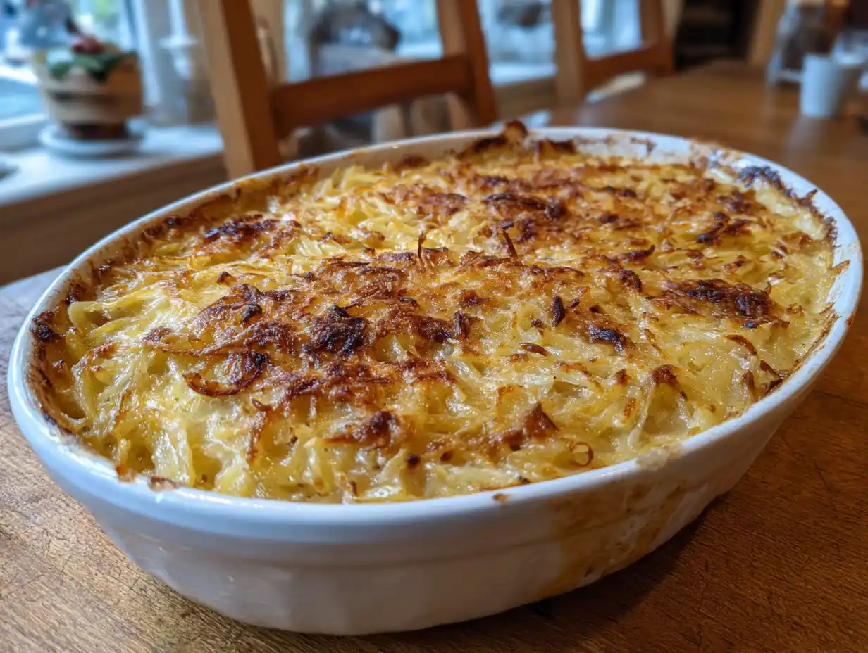 janssons frestelse krämig i ugnsform med gyllene yta, mjuk potatis och synliga strån av lök och ansjovis.