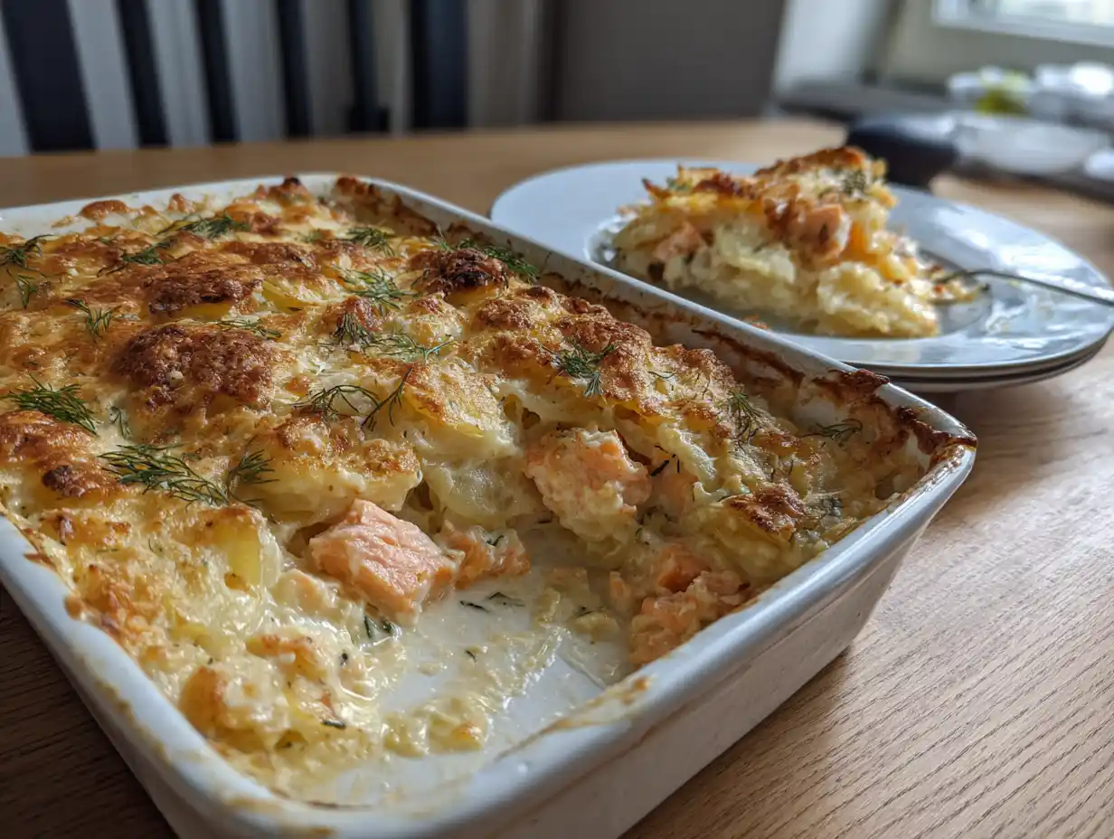 janssons frestelse med lax i ugnsform med gyllene yta, mjuk potatis, dill och bitar av lax på ett vardagligt middagsbord.