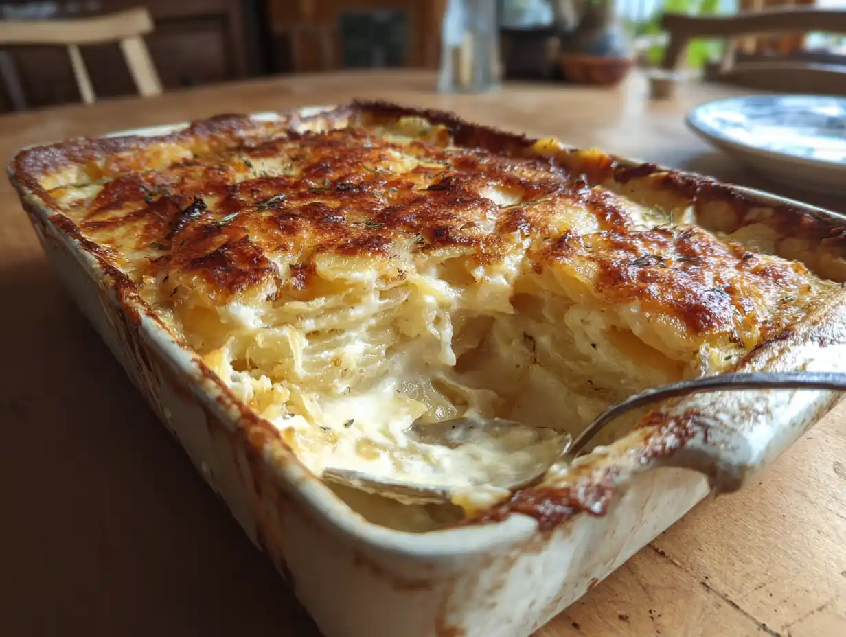 janssons frestelse utan ansjovis i ugnsform med gyllene yta, mjuk potatis och krämig lök serverad hemma.