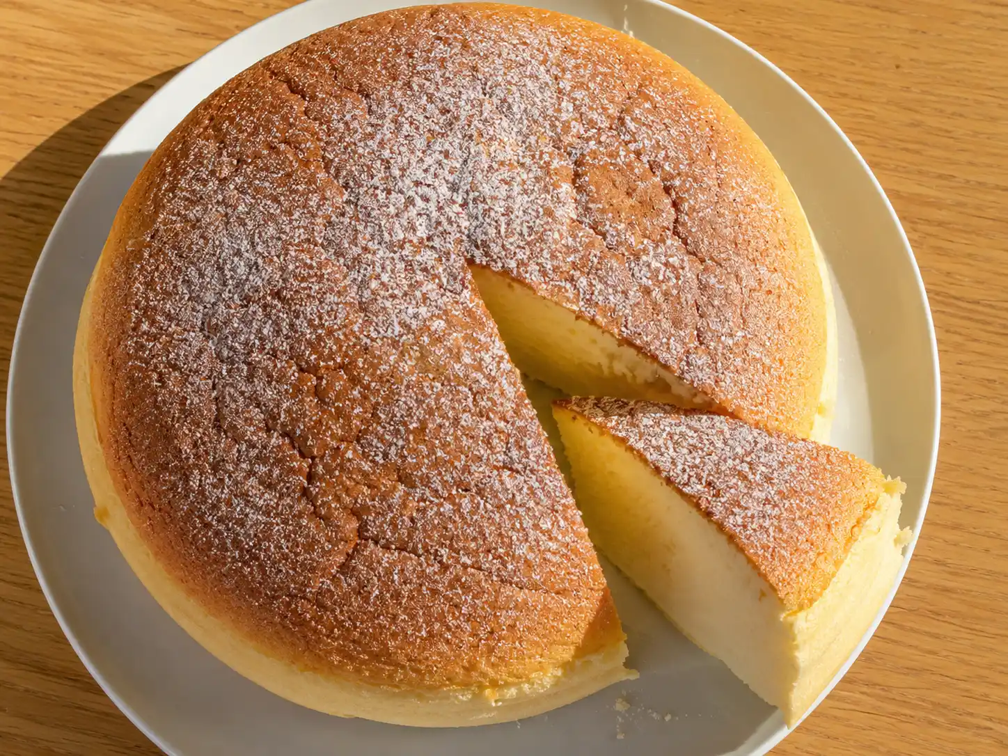 Japansk cheesecake ovanifrån på ett träbord, gyllenbrun yta med pudrat florsocker och en bit skuren vid sidan.