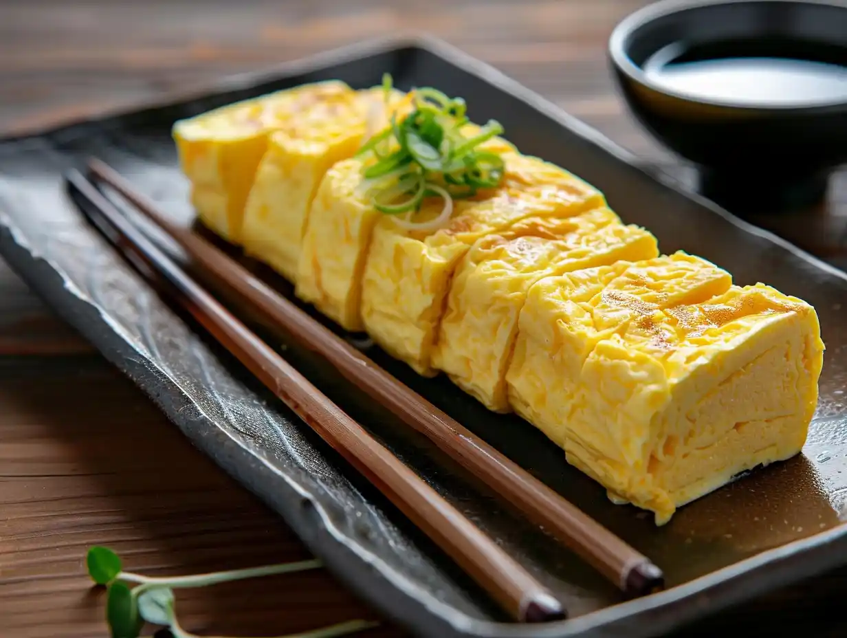 Japansk omelett (tamagoyaki) skuren i skivor, med fina lager och lätt gyllene yta.