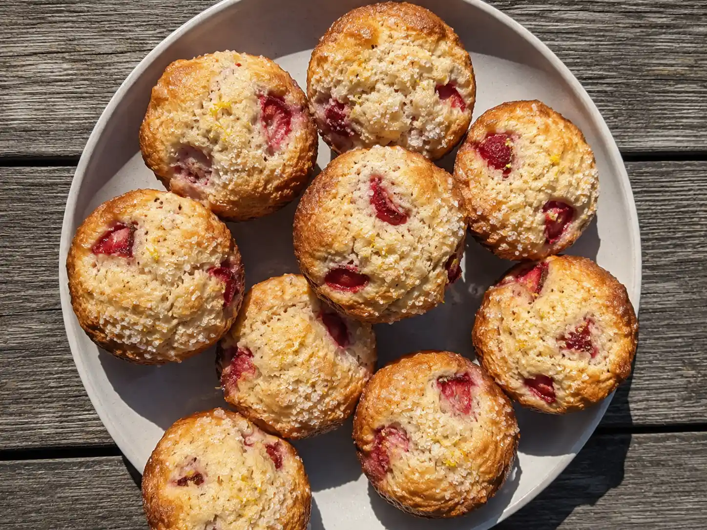 jordgubbsmuffins på fat med gyllene toppar, synliga jordgubbsbitar och mjuk smula