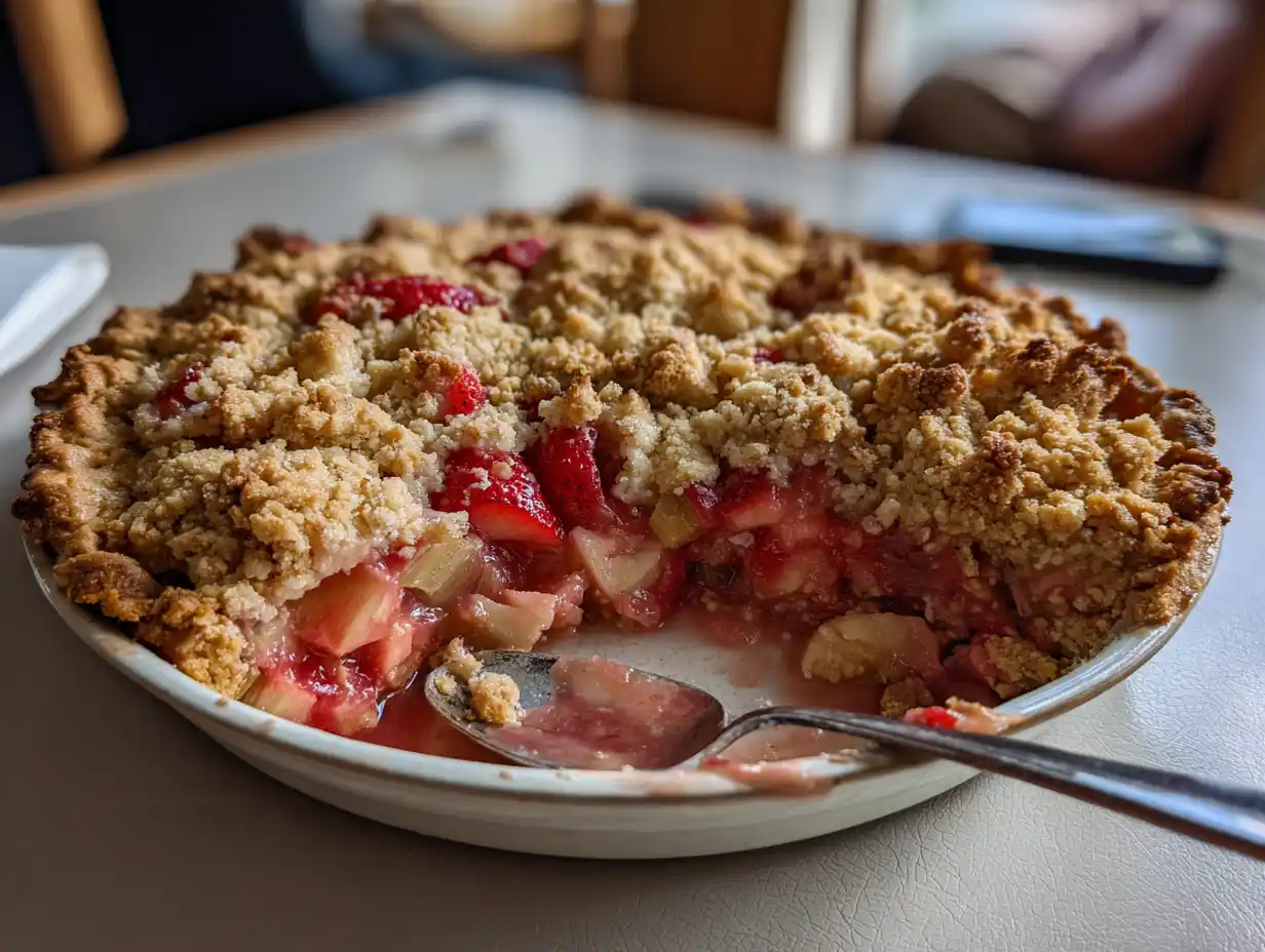 jordgubbspaj med rabarber i enkel pajform med gyllene smultäcke och saftig fyllning av jordgubbar och rabarber.