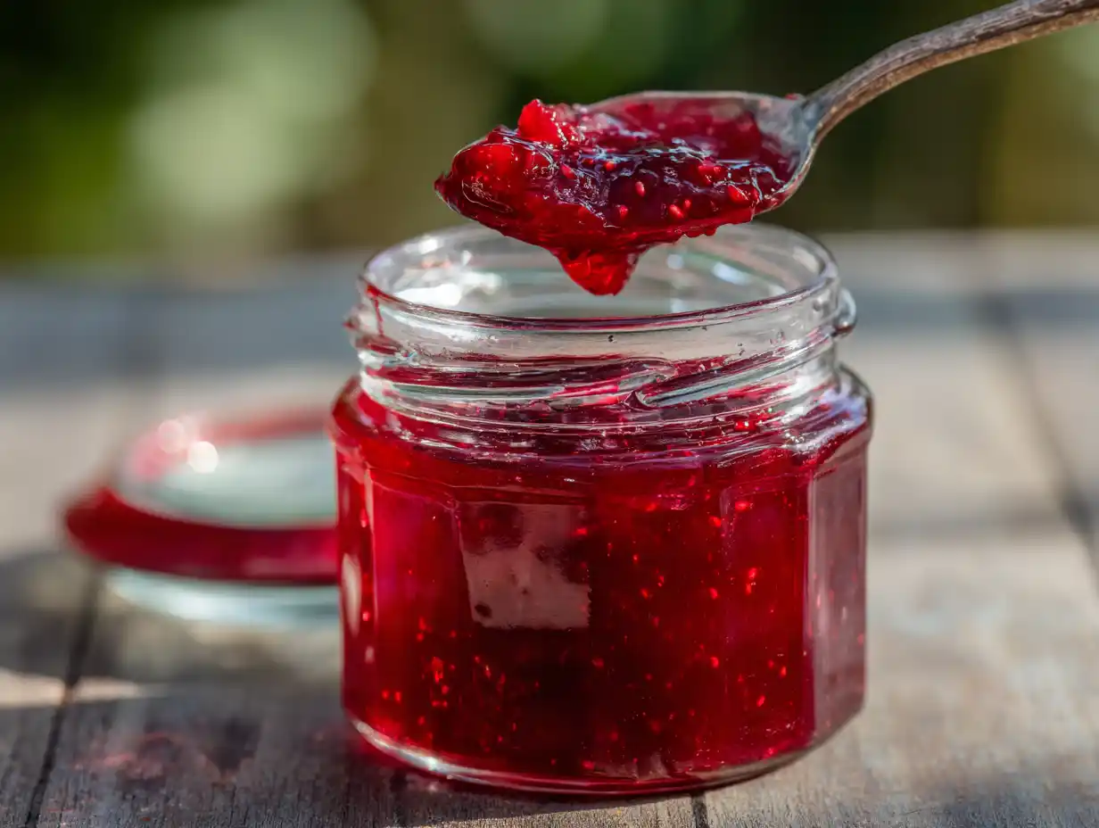 Jordgubbssylt frysta bär i glasburk, röd glansig sylt med synliga bärdelar på träbord