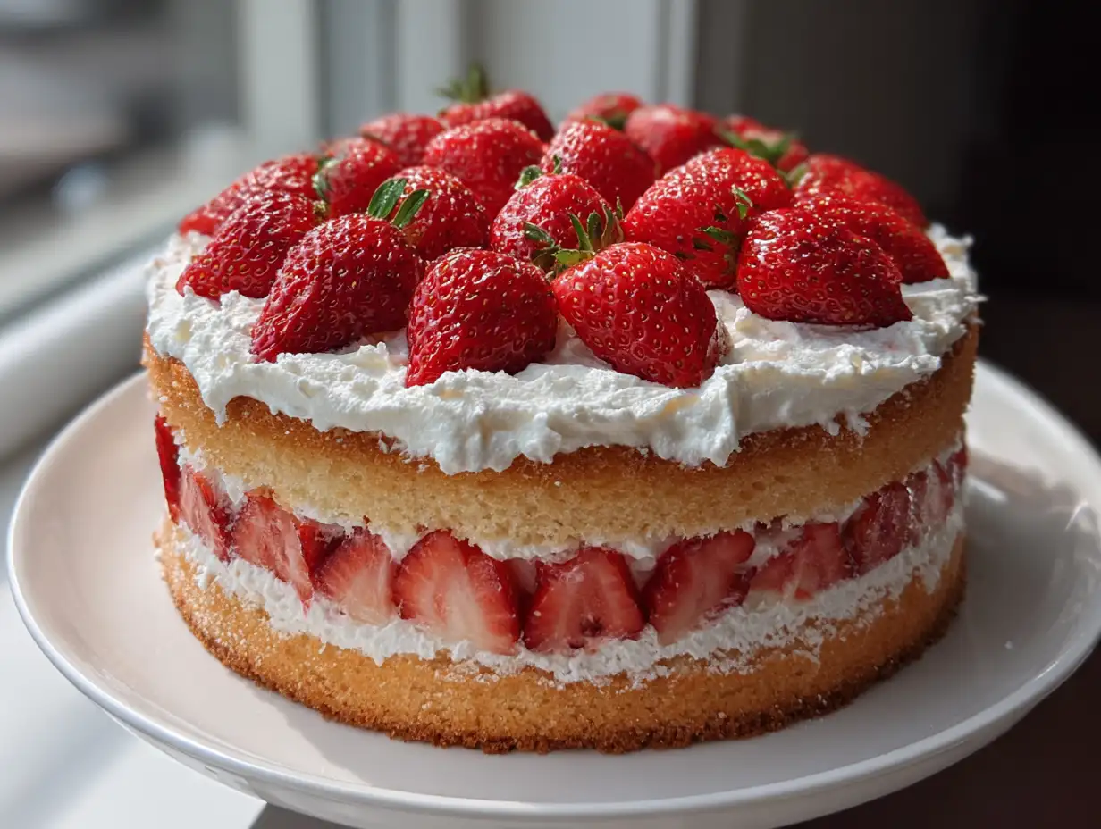 Jordgubbstårta med vispgrädde toppad med halverade jordgubbar på luftiga vaniljbottnar för servering.