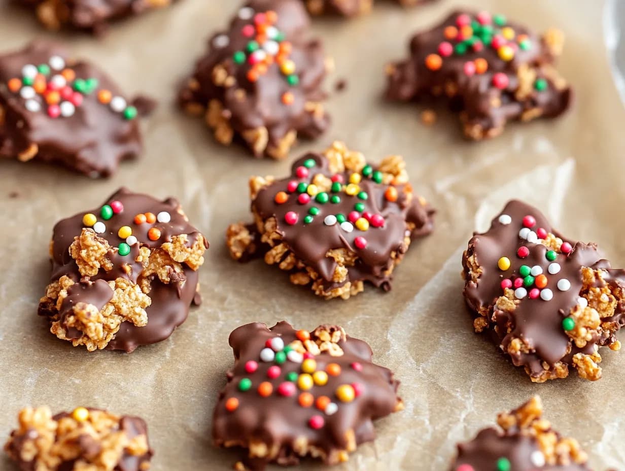 Ett fat med krispigt julgodis barn gjort av chokladtäckta cornflakes, toppade med färgglatt strössel och serverade på en röd duk.