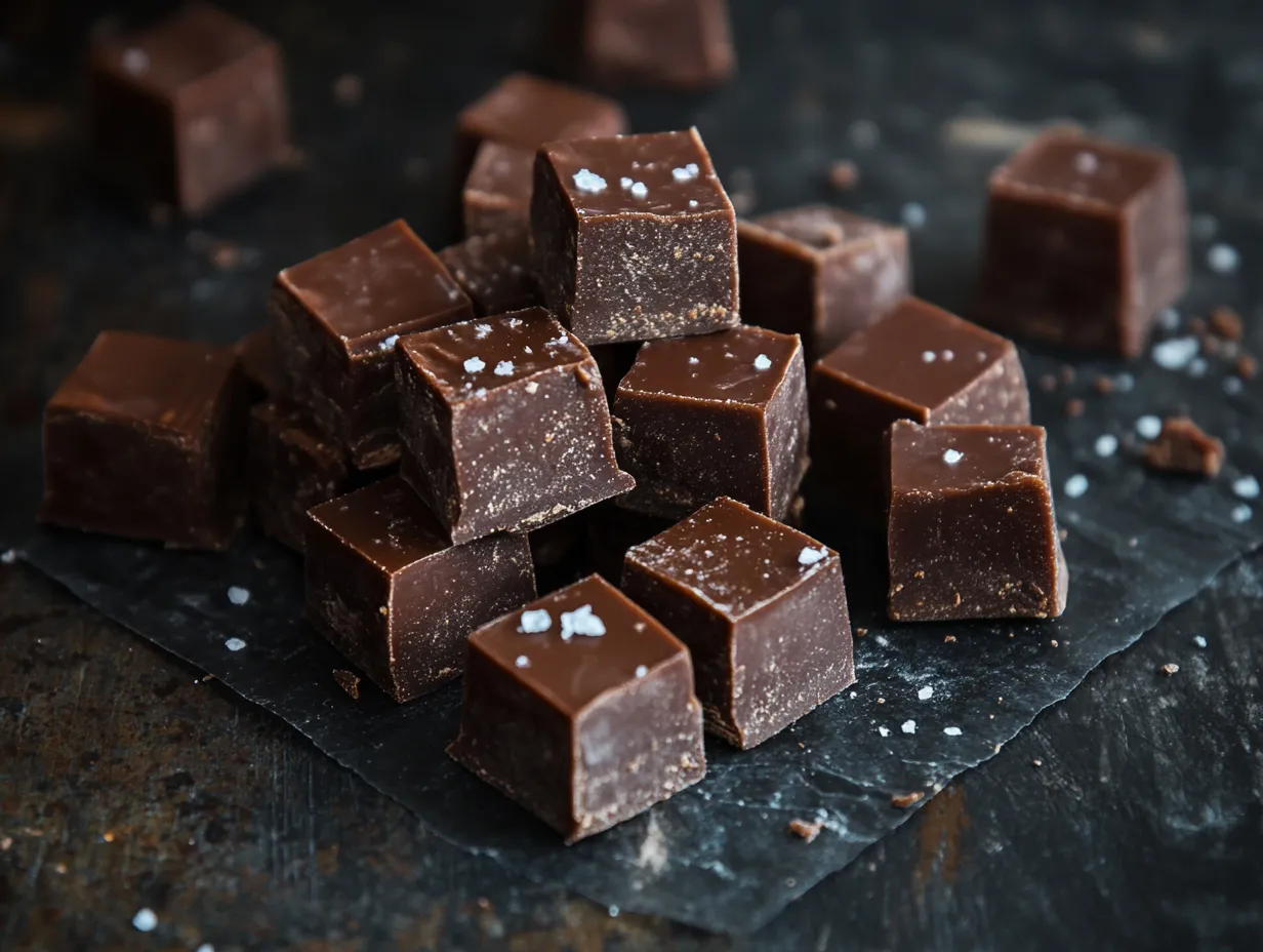 En vacker hög med mörk chokladfudge gjord på julgodis kondenserad mjölk, toppad med flingsalt, liggandes på ett mörkt träbord.