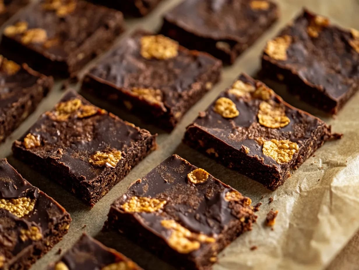 En närbild på krispigt julgodis med cornflakes och choklad uppskuret i rutor på ett bakplåtspapper.