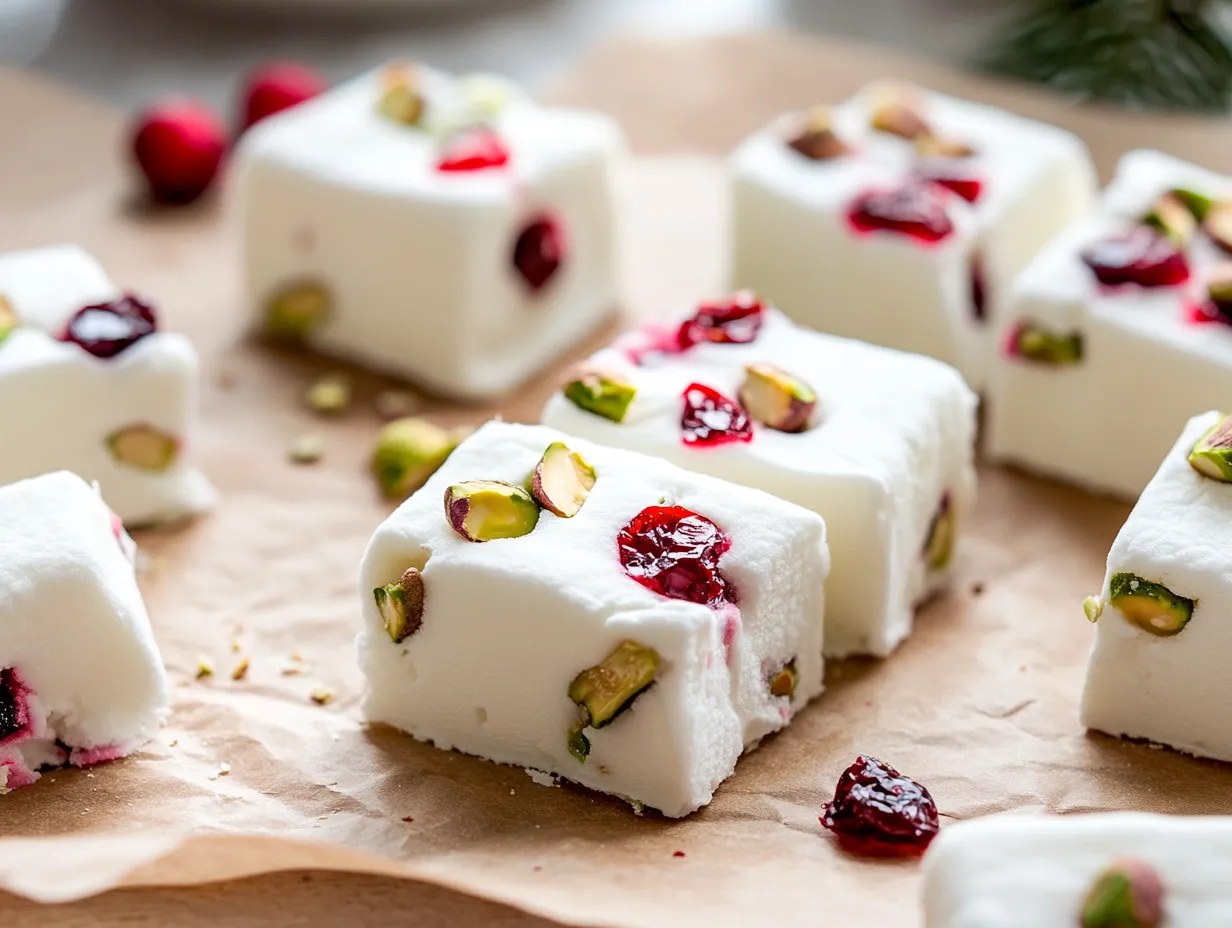En vacker bit vit rocky road, ett klassiskt julgodis med vit choklad fylld med gröna pistagenötter, röda tranbär och marshmallows.