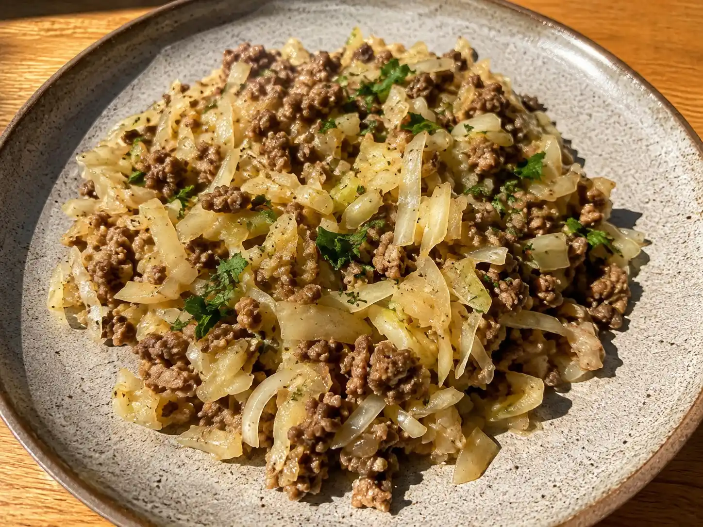 kål och köttfärs i stekpanna med brynt nötfärs, mjuk vitkål, gul lök och lite persilja ovanpå
