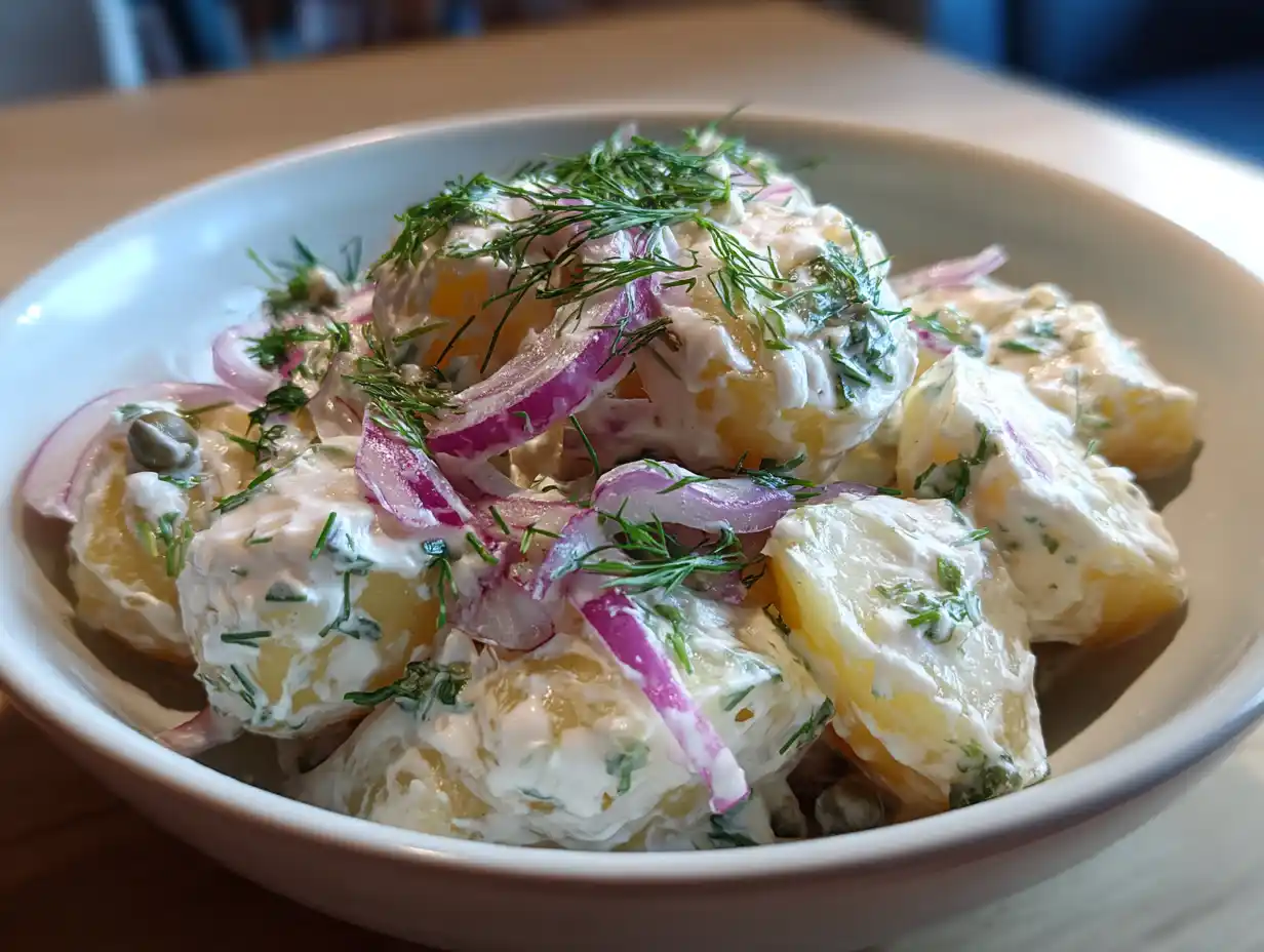 kall potatissallad i vit skål med dill, rödlök och kapris, krämig dressing och kokt potatis i bitar.