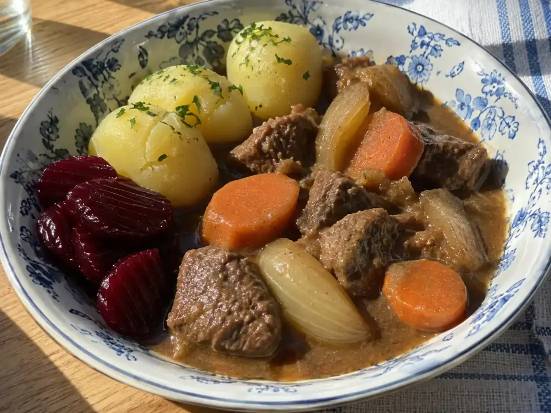 kalops med mört nötkött, morötter och lök i mustig brun sås, serverad med kokt potatis och rödbetor