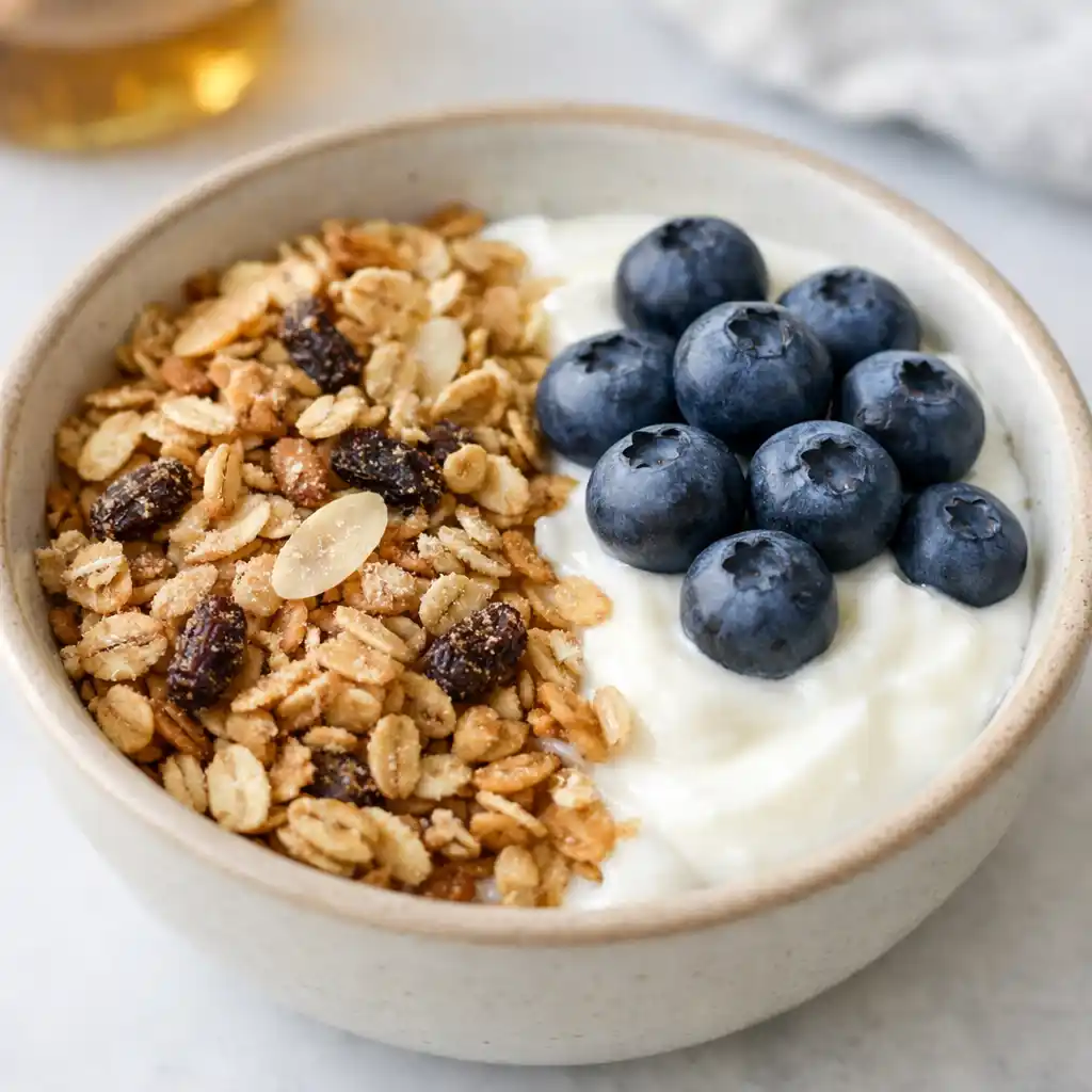 kalorisnål granola i skål med yoghurt och bär, rostad gyllene och krispig