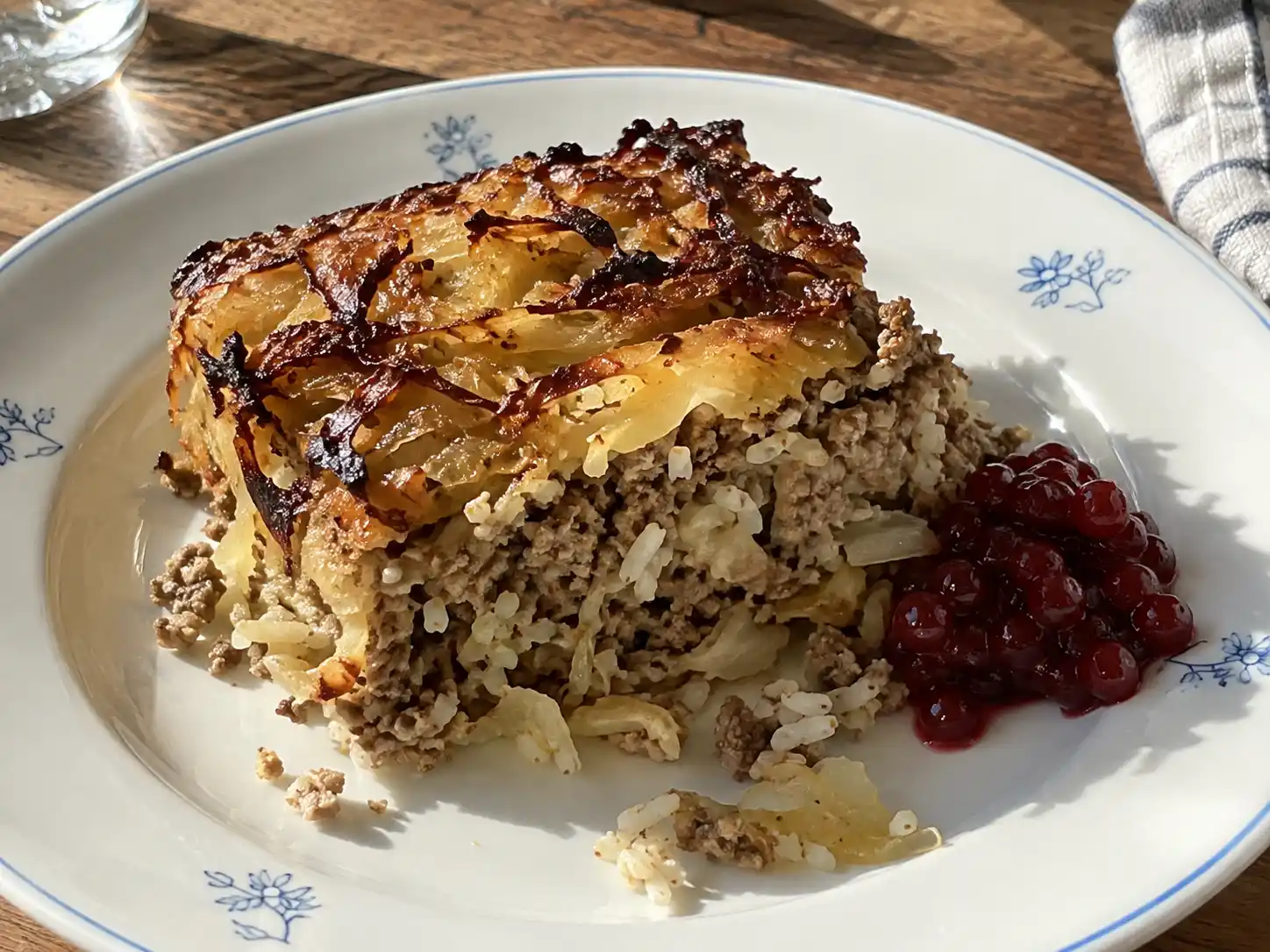 Kålpudding med ris med brynt vitkål, saftig färs och gyllene yta, serverad med lingon på tallrik