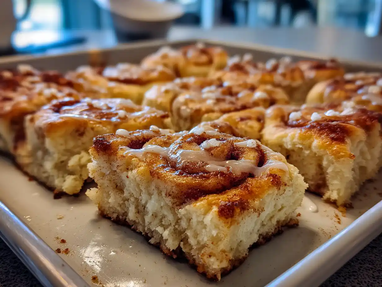 Kanelbullar i långpanna nygräddade i ruta med pärlsocker, gyllene yta och mjuk, saftig mitt på plåt.